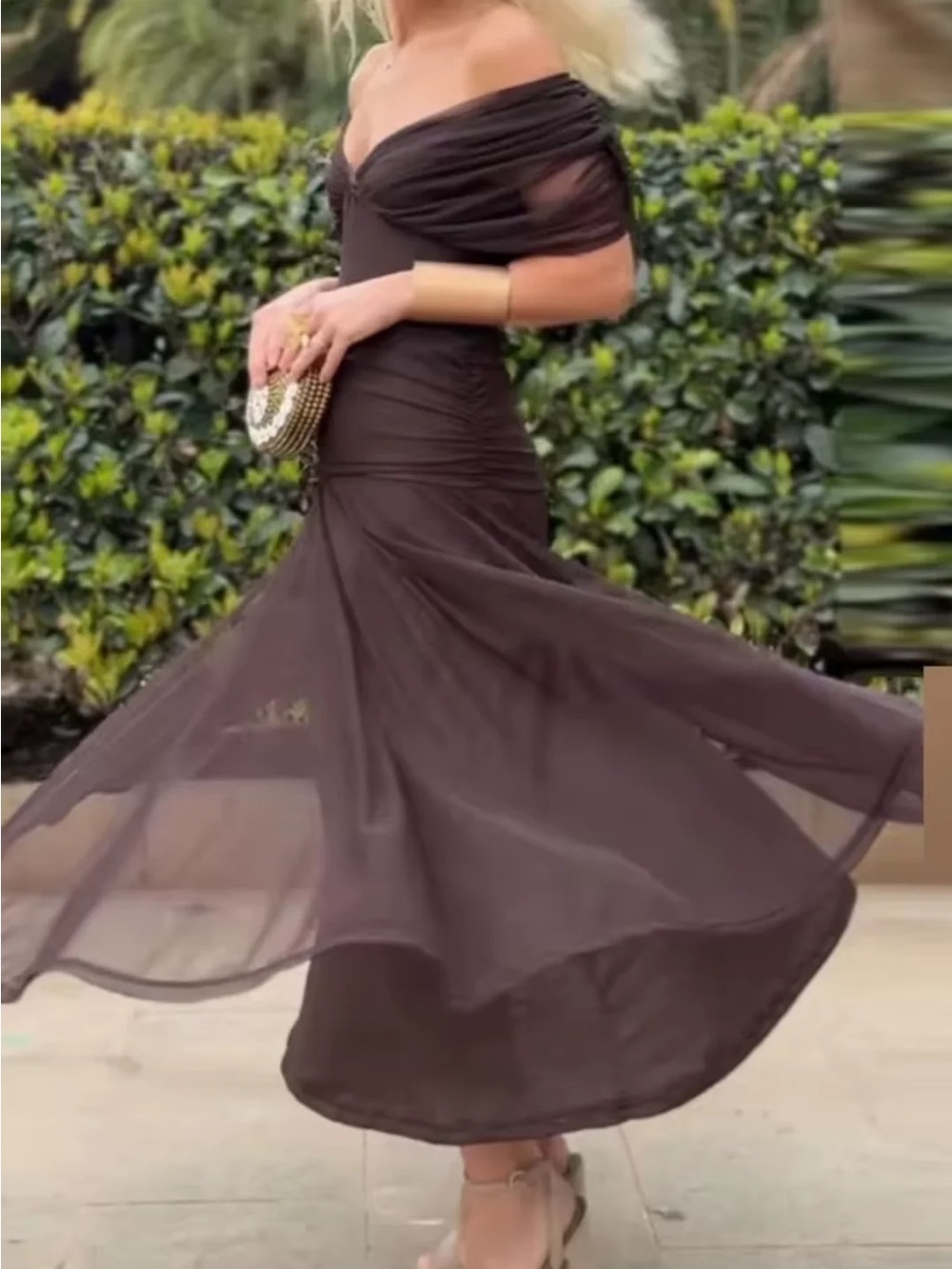 Off-Shoulder Brown Chiffon Maxi Skirt - Women's Flowing Evening Skirt - brown